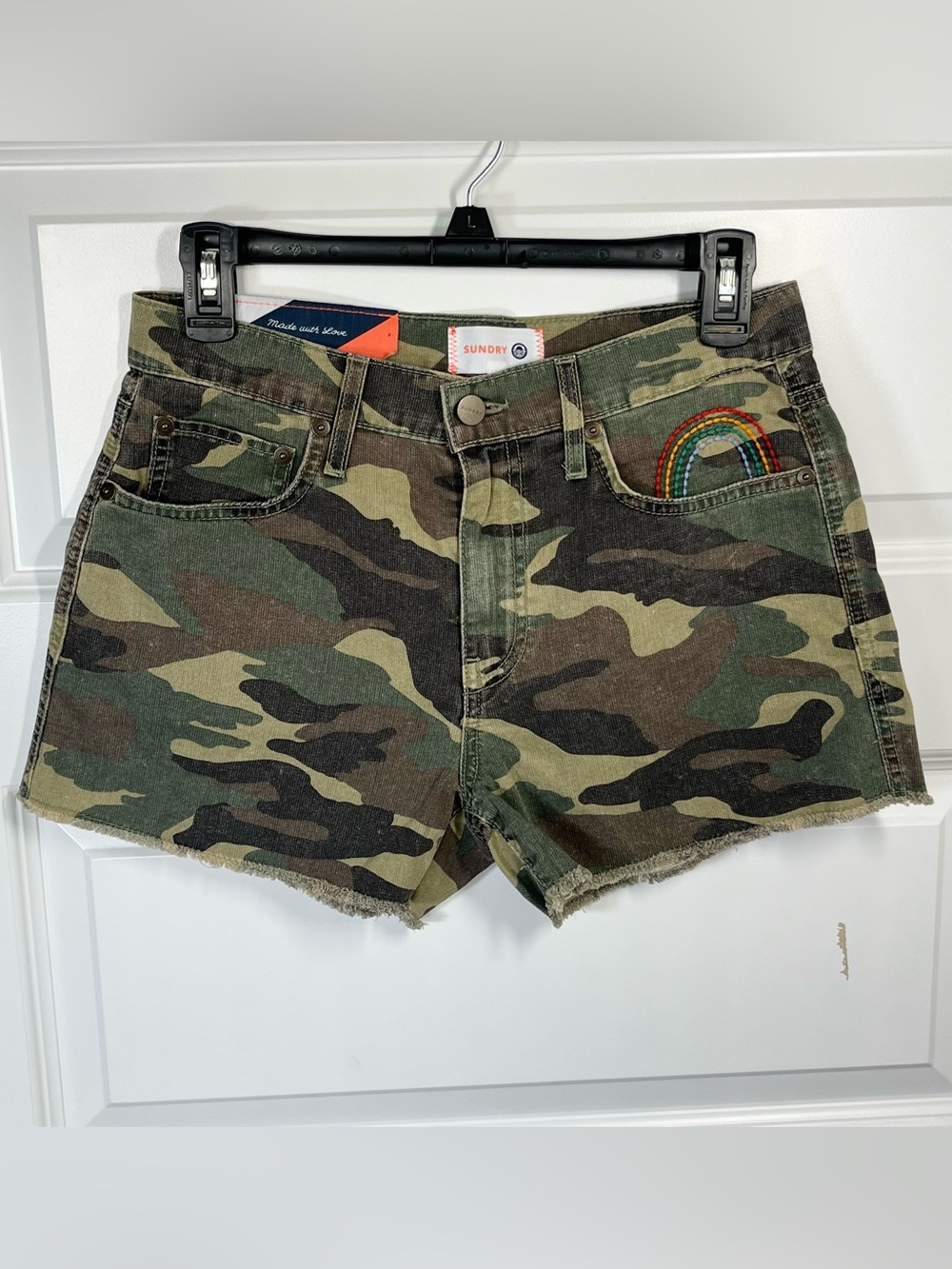 Sundry Camo Denim Cutoff Shorts Size 26 High Rise Embroidered NWT
